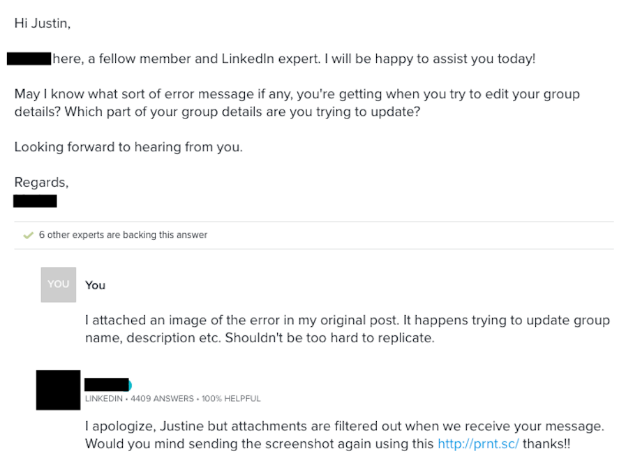 Example of poor LinkedIn support