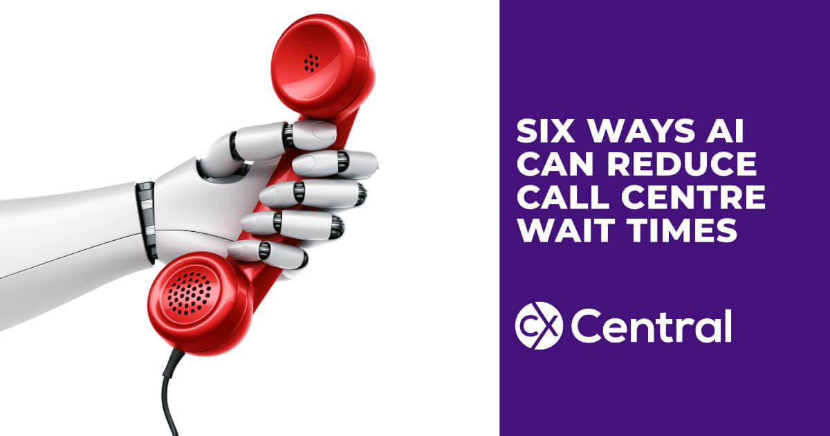 A robot arm holding a red phone with the title Six ways AI can reduce call centre wait times