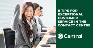 Title of 8 Tips to Provide Exceptional Customer Service with a picture of a happy call centre worker